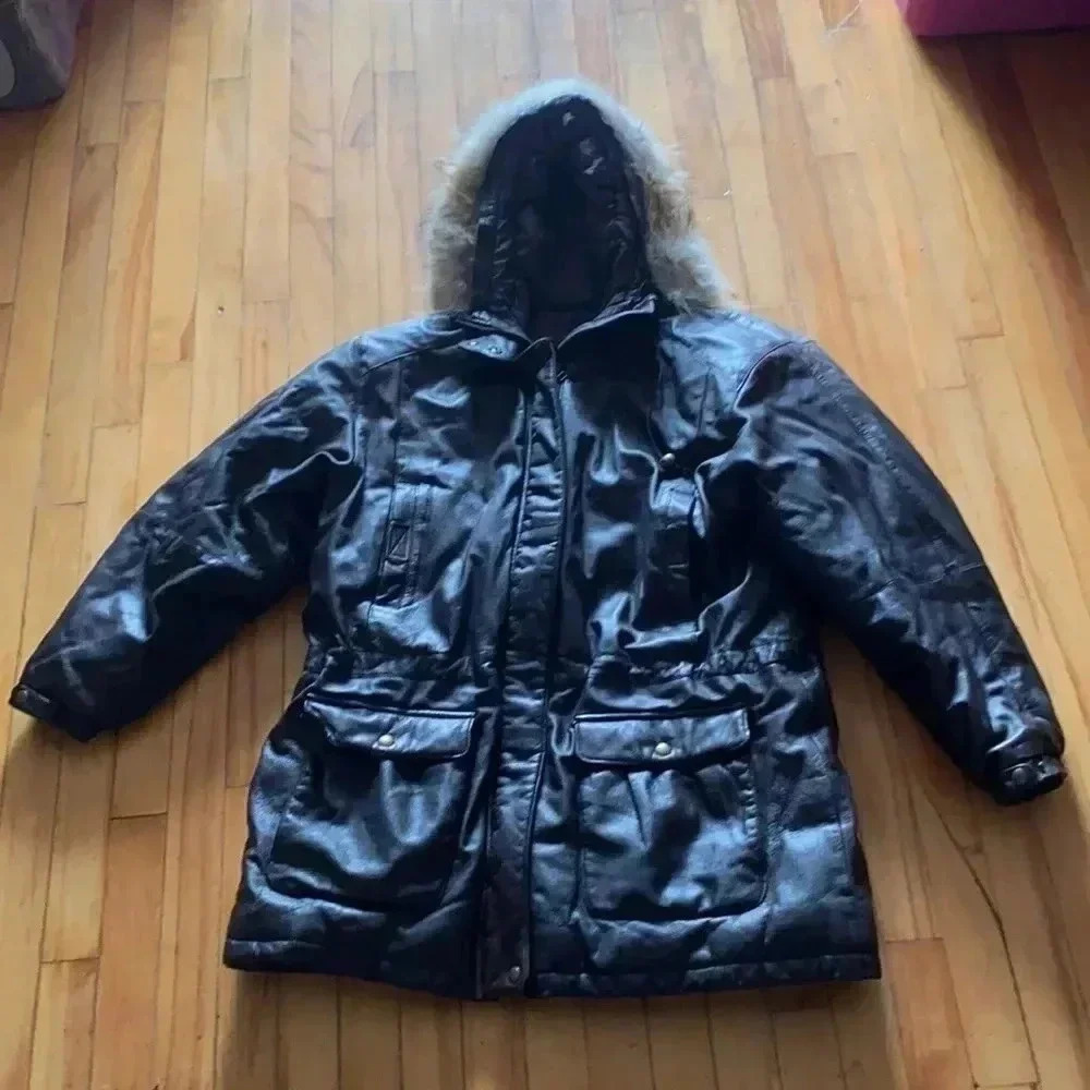 Eddie Bauer  vintage‎ Coyote fur trim leather down coat